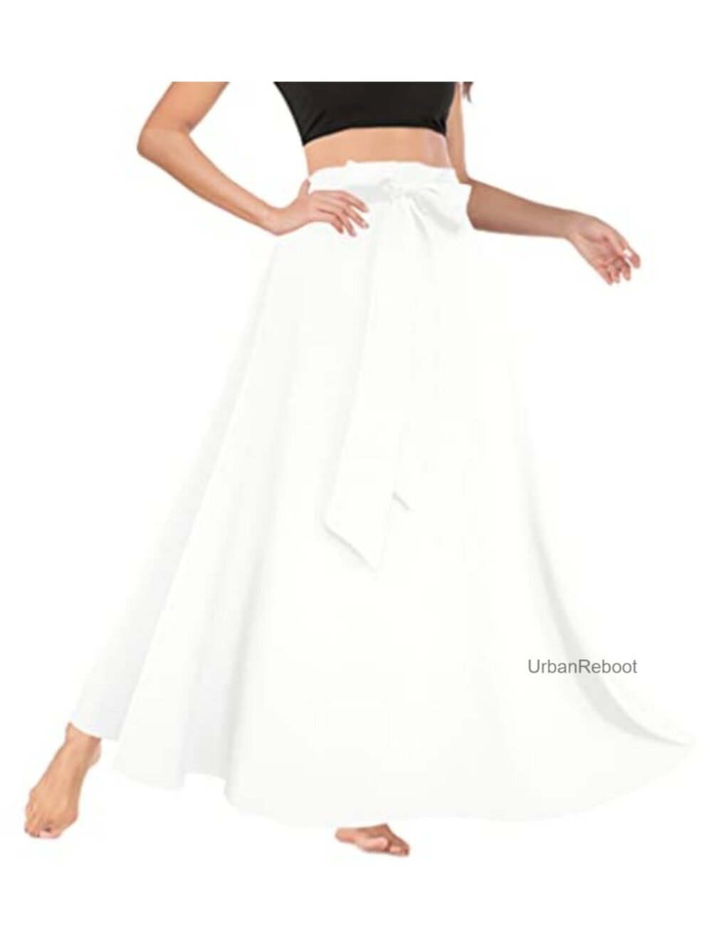 High Waist A-Line Flowy Maxi Skirt with Pockets, Tie Front, Pleated